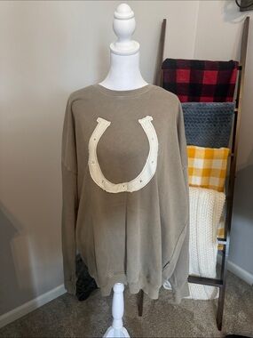 The Laundry Room Taupe Crewneck Sweatshirt with Cream Horseshoe